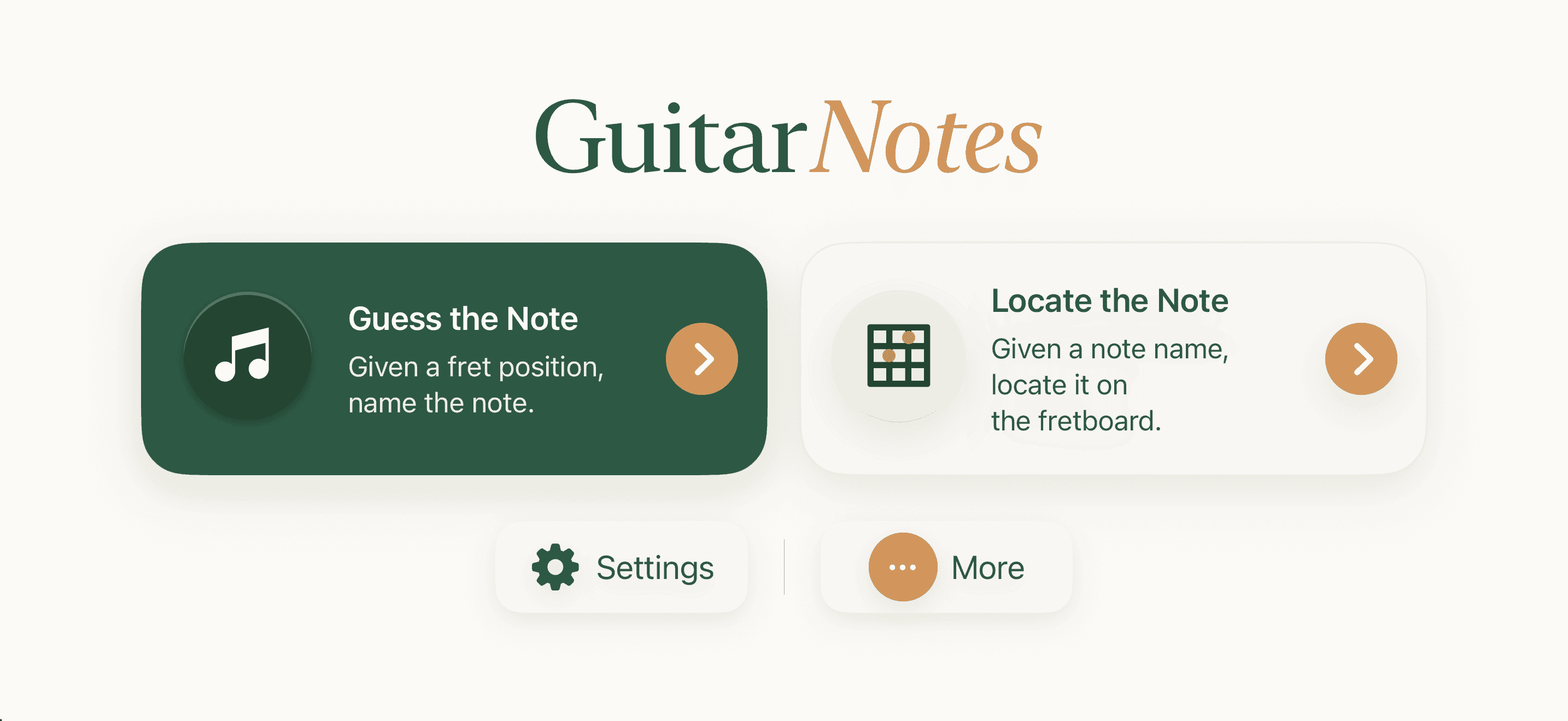 GuitarNotes screen showing Guess the Note and Locate the Note training modes