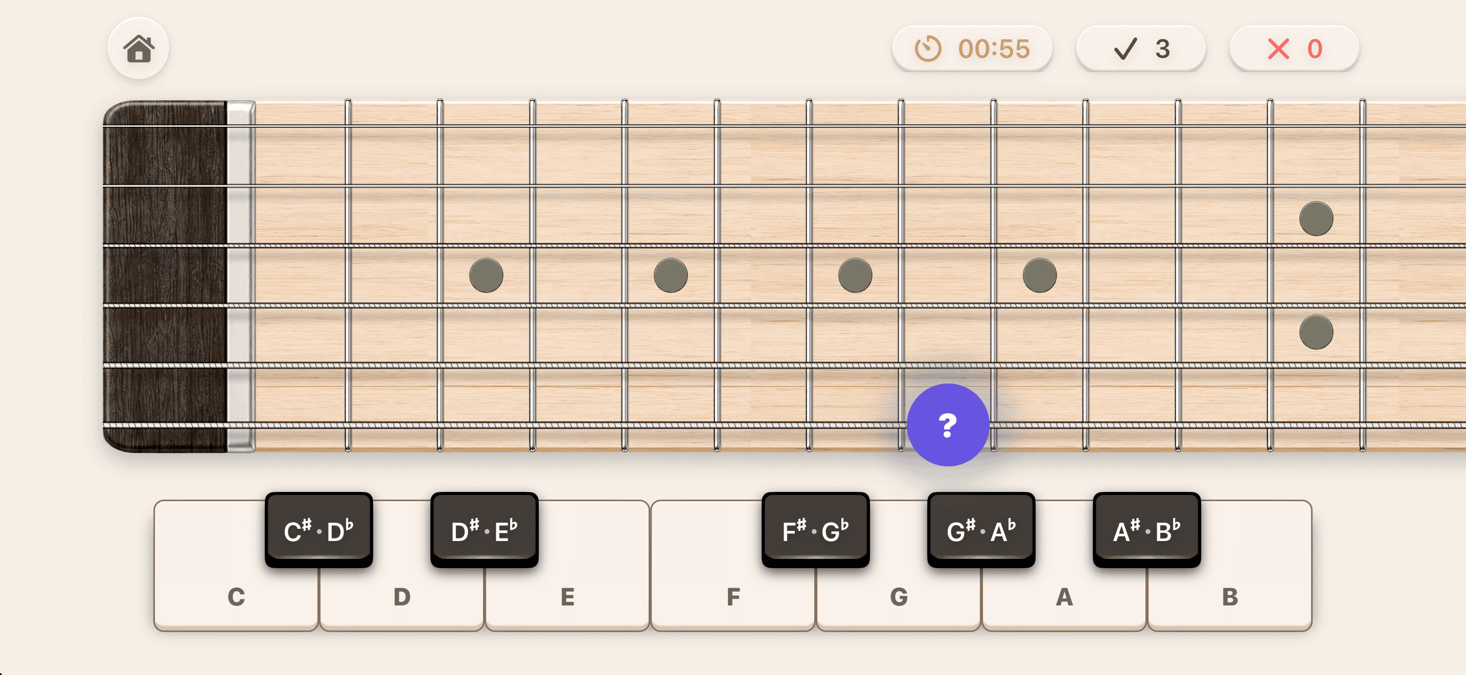 Guess the Note quiz showing a highlighted fret and note-name answer keys